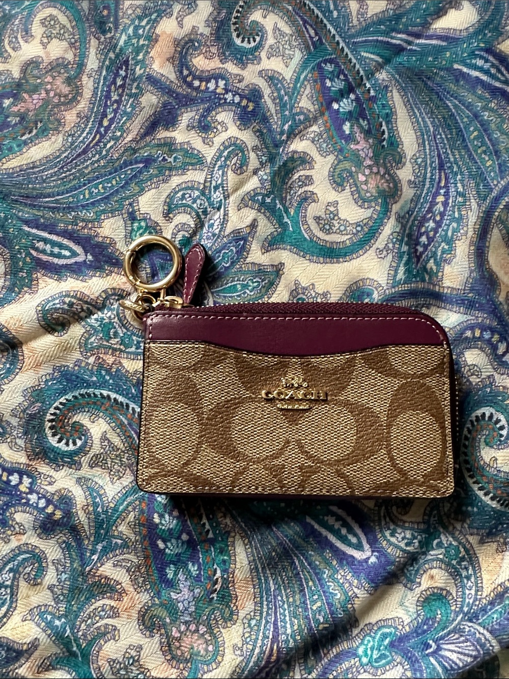 Coach Brown Signature Canvas Key & Card Pouch with Burgundy Trim